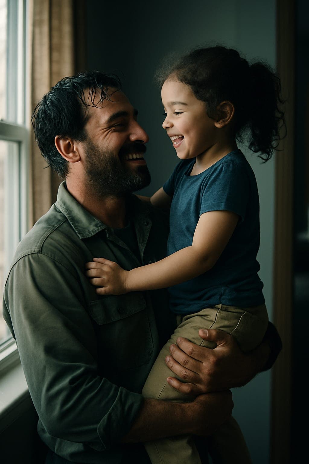 A father in work clothes holding his laughing daughter at home