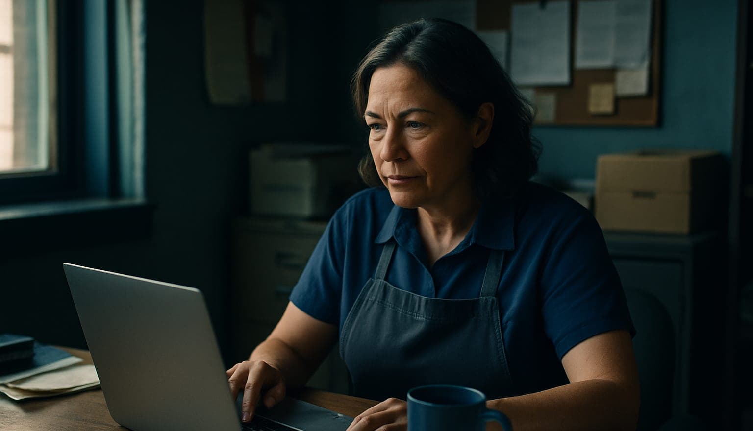 A small business owner reviewing payroll on a laptop in her back office