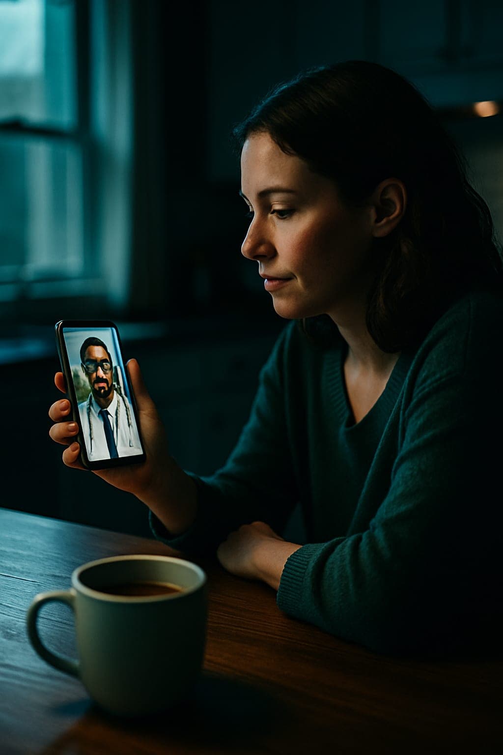 A woman on a telemedicine video call with a doctor at her kitchen table